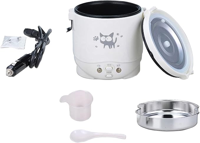 Mini Rice Cooker Vehicle-Mounted Rice Cooker 12V Thermal Insulation and Protection Function 1L Portable Steamer Boiling Pot Portable Handle Outdoor Boiling Cooker Portable Cooker (White)