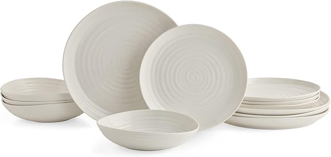 Portmeirion Sophie Conran 12 Piece Coupe Dinnerware Set - Dinner Plates Side Plates &amp Bowls Porcelain Kitchen Tableware for Everyday Dining &amp Entertaining - Durable &amp Dishwasher Safe