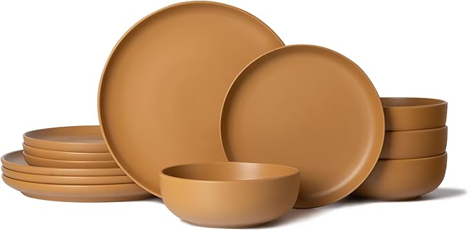 12-Piece Matte Orange Dinnerware SetStoneware Dinnerware for 4 Microwave &amp Dishwasher Safe Stackable Design for Kitchen and Dining - Plates and Bowls