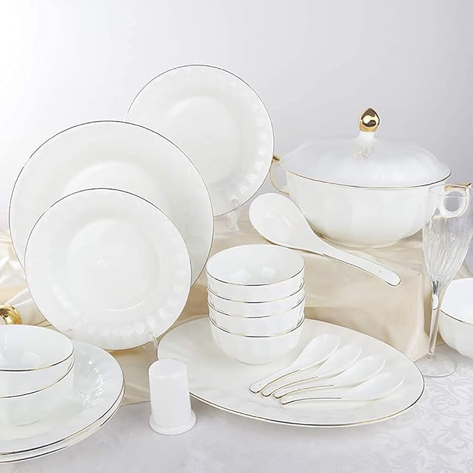 50 Pieces Dinnerware Set Porcelain Fine Bone China Home Kitchen Serving Dinner Set with White Round Cereal Bowls Plates Dishes Soup Pot with Gold Rim Service for 10