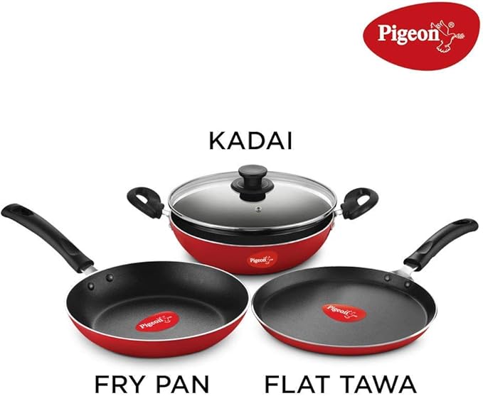 Pigeon Mio Nonstick Aluminium Cookware Gift Set 8 Pieces Includes Flat Tawa Fry Pan Kadai with Glass Lid Kitchen Tools Red Non Induction Base