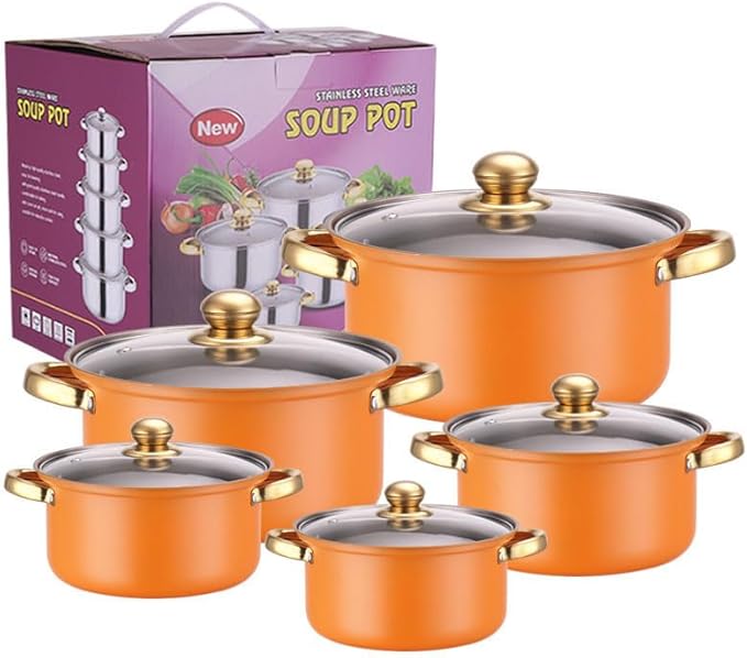 10PCS Stainless Steel Cookware Sets Nonstick Cookware Pot Dishwasher Safe Pots with Glass Lids for Soup Pasta Stew Rice Healthy Everyday Use for Gas Electric Halogen Ceramic Induction Hobs 03