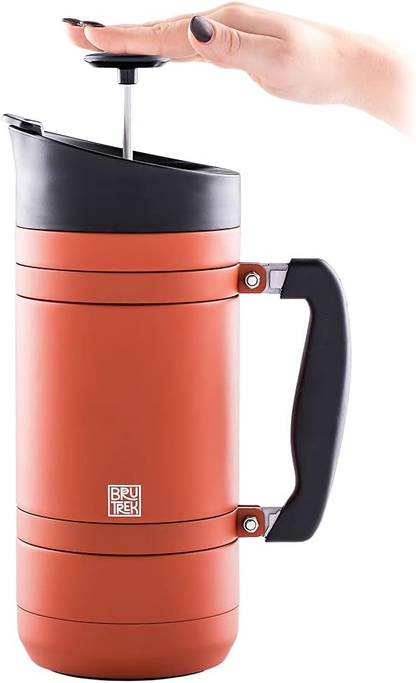 BruTrek® by Planetary Design BaseCamp Coffee Press - Double Wall Insulated Stainless Steel - Bru-Stop Technology No Grounds in Coffee No Spill Lid (Red Rock 48 fl.oz)
