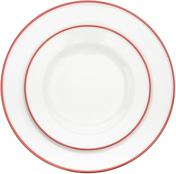 Bistro Red Rim Porcelain 16 Piece Dinnerware Set Service for 4 Solid Country Round 12 Dishwasher Safe