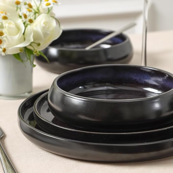 Stone Lain Lagoon 24-Piece Dinnerware Set Stoneware Plates and Bowls set Microwave and Dishwasher Safe Dish Set for 8 Black