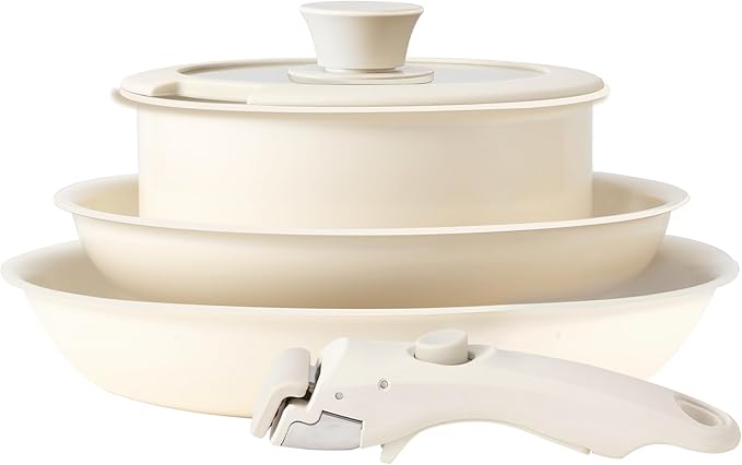 OVENTE 5Pcs Ceramic Pots and Pans Set Non Stick Induction Cookware with Lid Detachable Handle Non-toxic Kitchen Sauce Pots for Home or RV PFOA Free Stackable and Dishwasher Safe Cream CWAD01005C