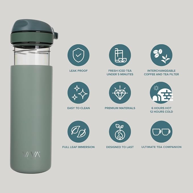 VIVA Recharge Mint Insulated Tea &amp Coffee Mug &amp Travel French Press Coffee Maker 16 oz Brew &amp Drink From the Same Coffee Mug On the Go or Camping