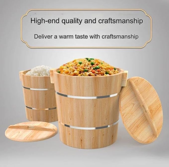Wooden Rice Barrel Rice Steaming Barrel Rice Mixing Barrel Wooden Storage Barrel Rice Cooking Barrel with Lid for Home Restaurant(33 * 30 * 28cm)