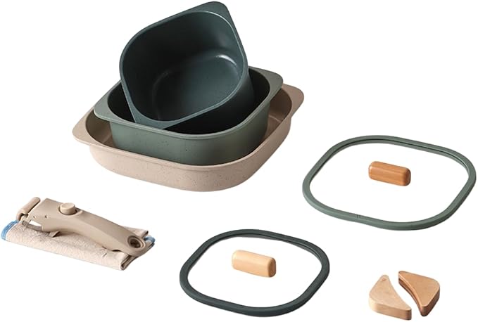 FIKA Objet Comfort 7-Piece Kitchen Nonstick Healthy Cooking Cookware Set with Lid Detachable Handle Induction Compatible All-in-One Kitcheware Easy to Store Great Gift Made in Korea (GREEN)