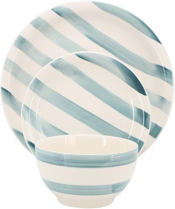 Kenwood Shores 12 Piece Stoneware Dinnerware Set Rustic Handpainted Stripe Plates and Bowls Service for 4 Microwave and Dishwasher Safe (Blue Stripe)