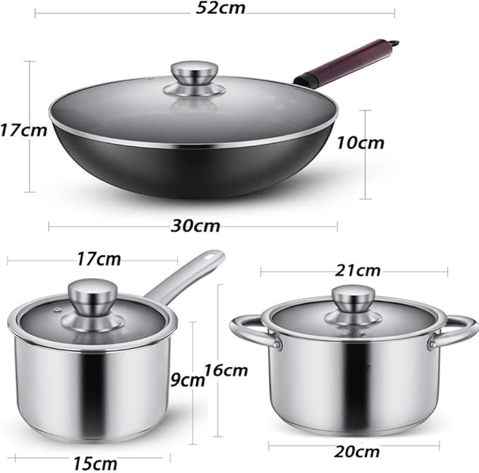 3Pc Pan Sets - Stainless Steel Frying Pan and Saucepan Set with Lids Stay Cool HandlesSuitable for A Variety of Stoves Including Induction Cookers Saucepan