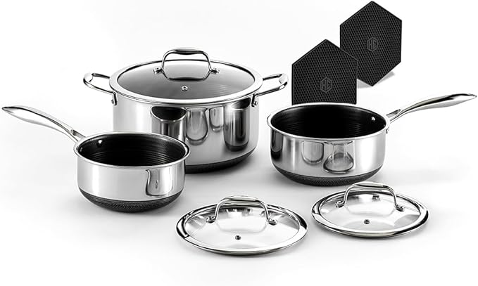 HexClad Hybrid Nonstick 12-Piece Cookware Set 14 Pan with Lid 14 Wok with Lid 2 3 and 8Qt Pots with Lids and 2 Silicone Trivets Stay-Cool Handles Dishwasher and Oven-Safe Induction Ready