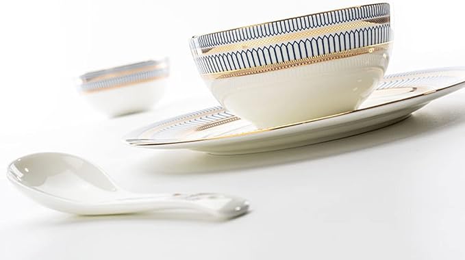 Plates and Bowls Sets for 4 1st-Class Bone-China Dinnerware Sets 19 Pieces Porcelain Dinner Dish Sets Handcrafted Golden Trim Tableware Set Home Décor Dinnerware 45% Bone Meal (Gold)