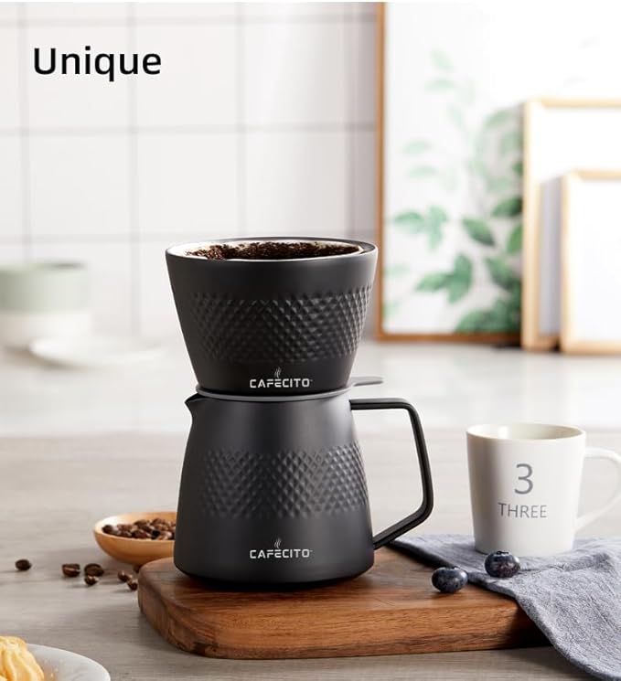 CAFECITO Pour Over Coffee Maker Dripper &amp Server Set | 12oz Double Wall Stainless Steel | Diamond Pattern V60 Brewer Cone Set | 1-2 Cups | Anti-Over Extraction Design