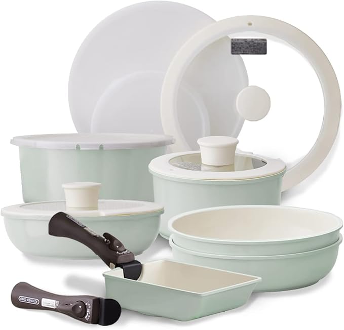 Iris Ohyama CCRC-14S Frying Pan with Removable Handle Heat Conductive Frying Pan Set 14-Piece Set Crushing Ceramic Color Pan Comfortable to Use After Cooking Ready to Use As It Is To The Table