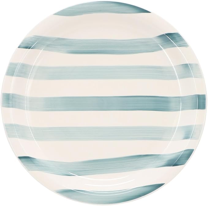 Kenwood Shores 12 Piece Stoneware Dinnerware Set Rustic Handpainted Stripe Plates and Bowls Service for 4 Microwave and Dishwasher Safe (Blue Stripe)