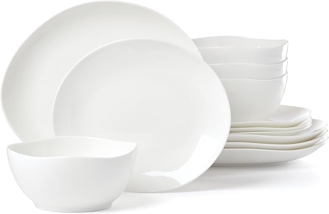 Lenox Dinnerware Set Studio 1414 Curve 12-Piece Set Service For 4 Bone China Material Dishwasher &amp Microwave Safe Home And Kitchen Kitchen And Dining Plates And Bowls Sets (White 12 Pieces