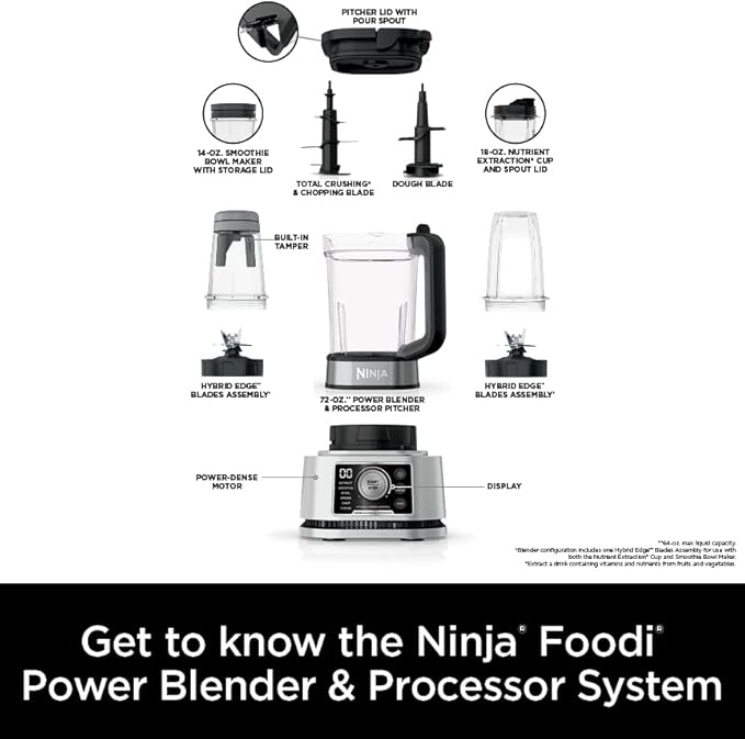 Ninja Blender For Kitchen | Food Processor Combo System | Smoothie Maker &amp Nutrient Extractor | 6 Functions for Bowls Spreads Dough Shakes | 72-oz. Pitcher &amp To-Go Cups | Silver | SS351