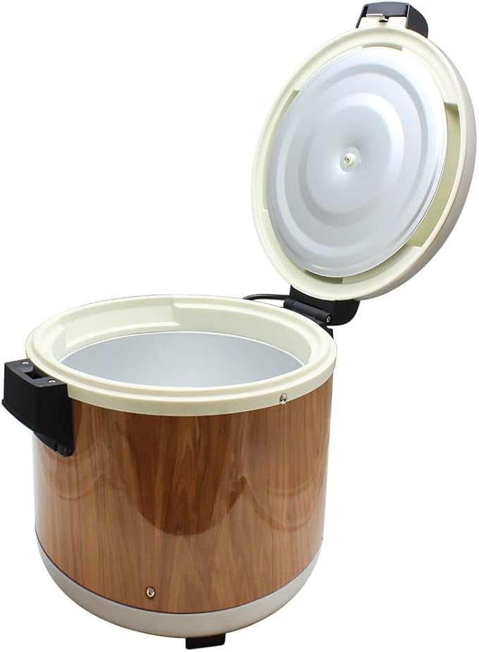 TrueCraftware- 50 Cup Electric Rice Warmer Stainless Steel Hinged Lid and Base with Wood Grain Accented Body- Keep Warm Makes Soups Stews Grains Hot Cereals for Commercial Rice Cooker and Warmer