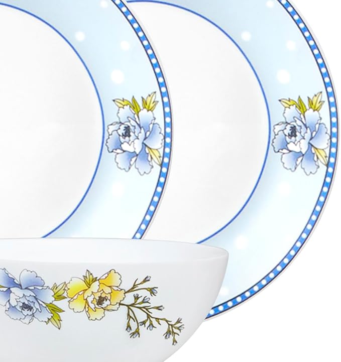 Gourmet Dinnerware Set For 6 19 Pieces White Dinner Plates and Bowls Sets Chip Resistant Tempered Opal Glass Stain Resistant Dishwasher &amp Microwave Safe Dinner Set For Gifting (Blue Sapphire