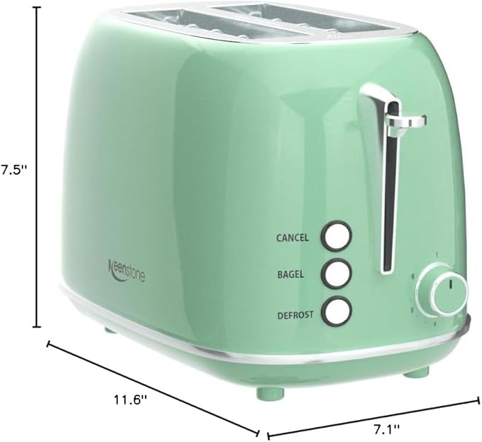 2 Slice Stainless Steel Toaster Retro with 6 Bread Shade Settings Bagel Cancel Defrost Function Extra Wide Slot Removable Crumb Tray Green