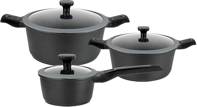 GSW Easy Click Cooking Pot Set 6 Pieces Aluminium Plastic Glass Silicone Black