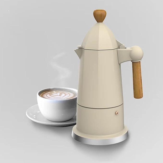 SIXRUN Aluminum Alloy Octagonal Percolator Coffee Pot Maker with Safety Valve and Beech Wood Handle (White)