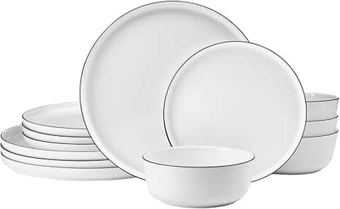 Mikasa Samantha 12 Piece Bone China Dinnerware Plate and Bowl Set Service for 4 Black Banded Rim Chip-Resistant Lightweight Durable White