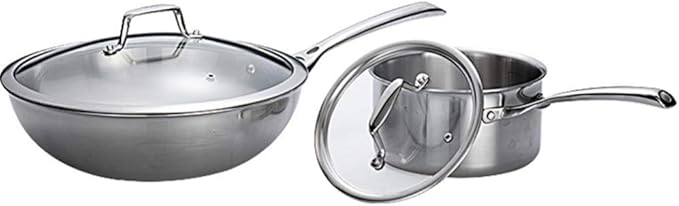 2-Piece Cookware Set Stainless Steel Wok Saucepan with Tempered Glass Lid Comfortable Handle Suitable for Gas Induction Cooker Easy to Clean Large Pan