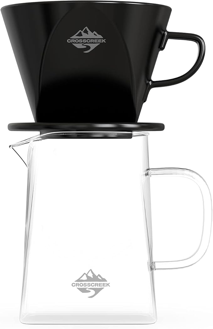 Pour Over Coffee Dripper Set by CrossCreek with Heat-resistance Black Cone Ceramic Dripper Glass Square Carafe 30PCS #2 Paper Filters 9917-C001-062