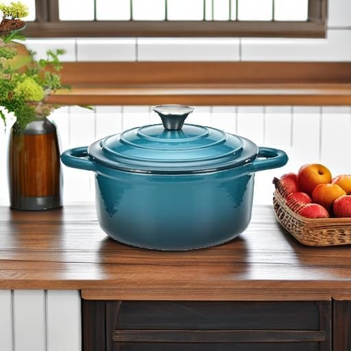 Hamilton Beach 3-Quart Enameled Cast Iron Dutch Oven Navy with Cream Interior | Even Heat Distribution &amp Easy-Grip Handles | Ideal for Braising RoastingStewing &amp Bread Baking