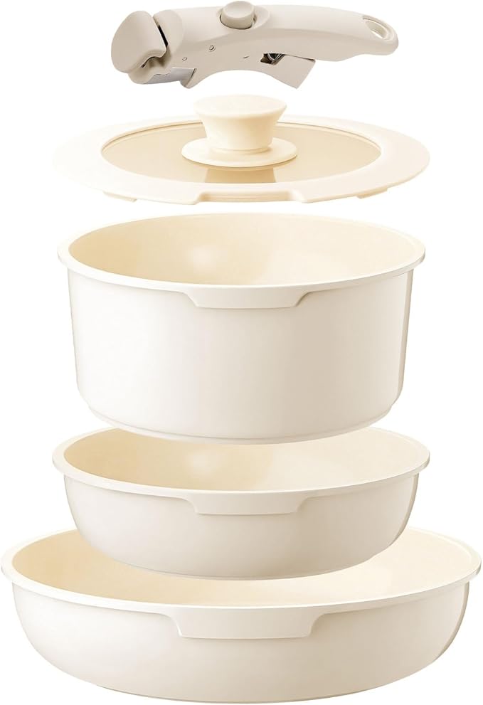 White Non-Stick Ceramic Cookware Set 5-Piece Pots and Pans Set with Detachable Handles Perfect for Everyday Cooking RV Camping and Compact Kitchens Induction Compatible PFOA &amp PTFE Free