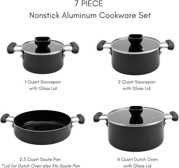 Denmark Tools for Cooks 7 Piece Ceramic Nonstick Aluminum Nesting Cookware Set Pots Pans Black