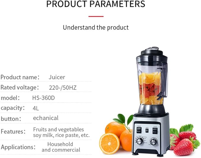 Commercial Smoothie Smoothie Maker 4L Blender Food Processor High Speed 26000 RPM Blender for Smoothie Handheld Fruit BlenderRed (Silver)