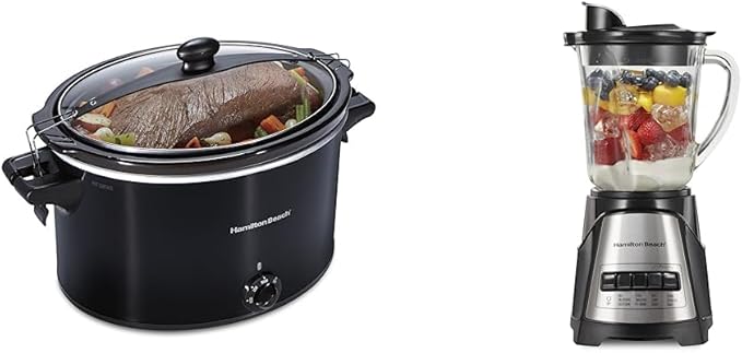 Hamilton Beach Slow Cooker Extra Large 10 Quart Black (33195) &amp Power Elite Wave Action Blender-for Shakes and Smoothies Puree Crush Ice 40 Oz Glass Jar Black (58148A)