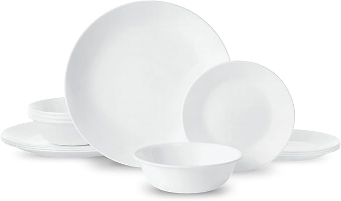 12-Piece Premium Triple-Layer Glass Dinnerware Set Service for 4 Crisp Winter Frost White Design Chip and Crack Resistant Tableware for Daily Dining Dishwasher and Microwave Safe Kitchen Essential