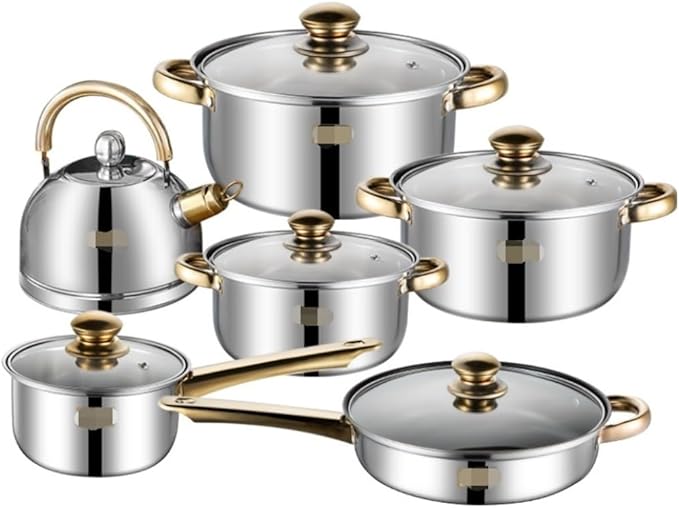 RUVOO Cookware Set Pots and Pans 6 Piece Cookware Set Frying Pan Milk Pan Soup Pot Saucepan Kettle Stainless Steel Kitchen Cooking Pot Set Kitchen Cooking Set