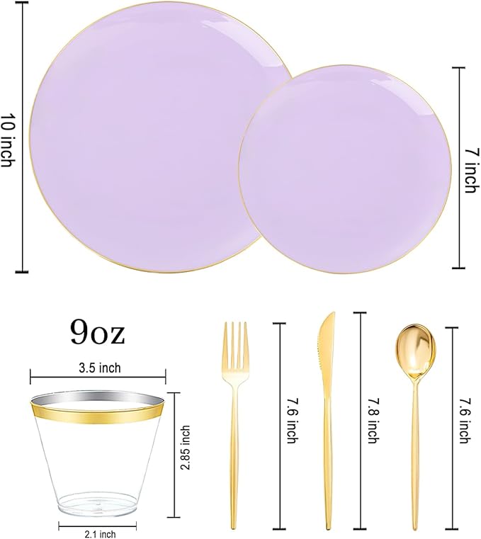 bUCLA 150PCS Purple Plastic Plates - Light Purple and Gold Disposable - Include 25 Each (Dinner &amp Dessert) lavender Plates 25 Knives 25 Forks 25 Spoons &amp 25 Cups for Party Easter &amp Wed