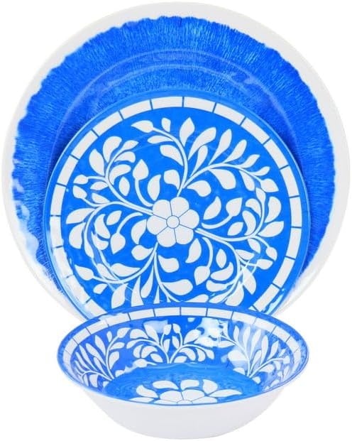 12 Piece Melamine Dinnerware Set for 4 – Lightweight Unbreakable Plates and Bowls in Teal and Blue – Outdoor Indoor Dinnerware for Camping Patio &amp Everyday Use (Blue)