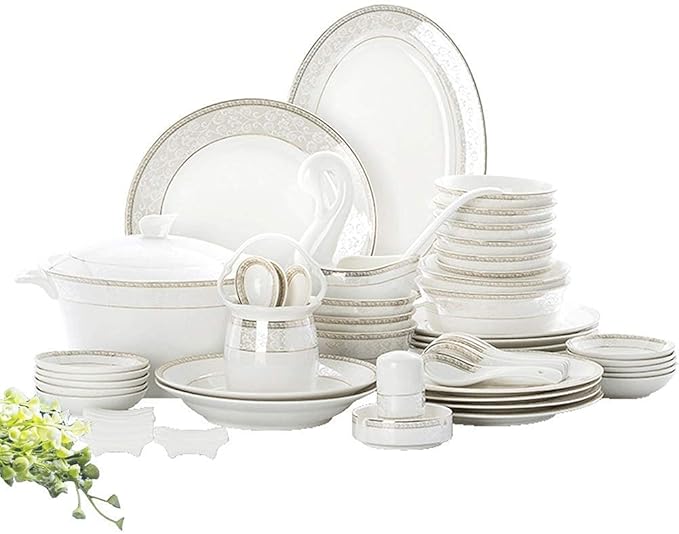 White Round Porcelain Dinnerware Set Dishes/Plate/Bowl Set Fine Bone China Dinnerware Sets Clearance Collection Ceramic Kitchen And Dining Sets For HomeB56 Pcs Service For 1058 Pcs Service for 1
