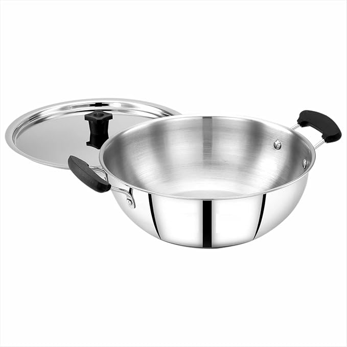 Classic Stainless Steel Cookware 5 Pcs Set|Fry Pan 22Cm(1.4L)|Kadai 22Cm(2.2L)|Saucepan 16Cm(1.6L) with Steel Lids|Induction BaseTriply Bottom|EvenFast Cooking with Less OilSilver