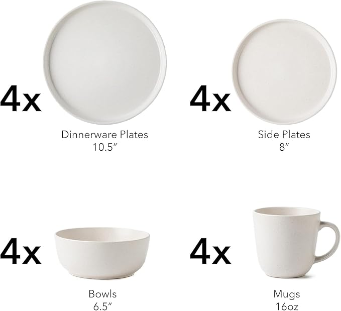 SKUGGA Round Stoneware 16pc Dinnerware Set of 4 Dinner Plates Side Plates Cereal Bowls Mugs - Matte White (466817)