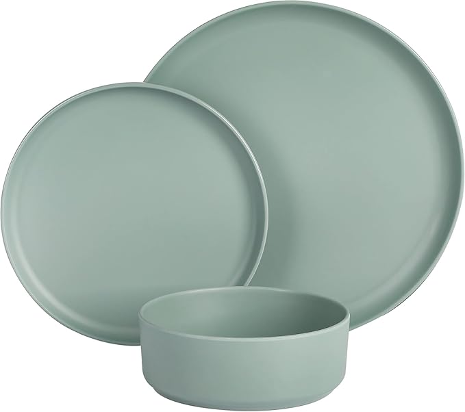 12-Piece Round Melamine Dinnerware Set – Lightweight Shatter-Resistant Plates &amp Bowls for 4 Stackable &amp Dishwasher Safe Tableware – Indoor &amp Outdoor Use (Sage Green)