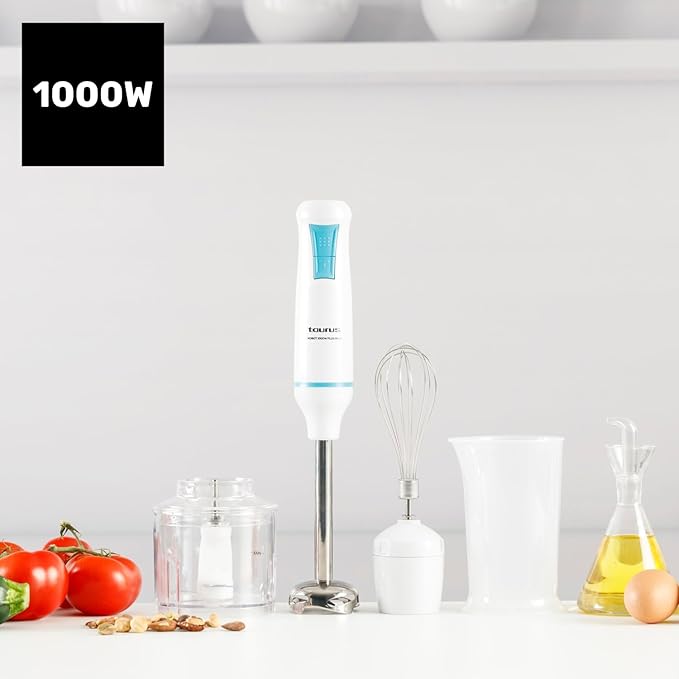 Taurus – 1000 Plus Stainless Steel Hand Blender Electric Mixer Blender 2 Speeds + Turbo Stainless Steel Blades Splash Proof Bell Ergonomic BPA-Free | Dishwasher Safe | With Accessories
