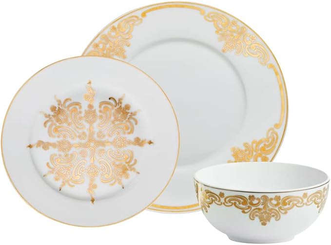 Godinger Dinnerware with Salad/Dessert Plate Dinner Plate and Bowl Porcelain 20th Century Baroque 12 Piece Set White