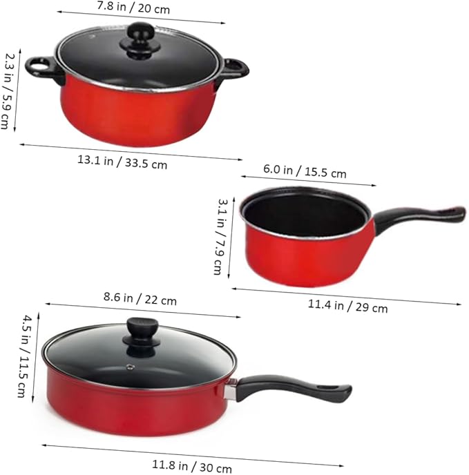 3pcs Cookware Set Kitchen Pots and Pan Induction Kitchen Utensils Fry Pan Milk Frying Nonstick Soup Pots Cooking Stainless Nonstick Frying Non Stick Red