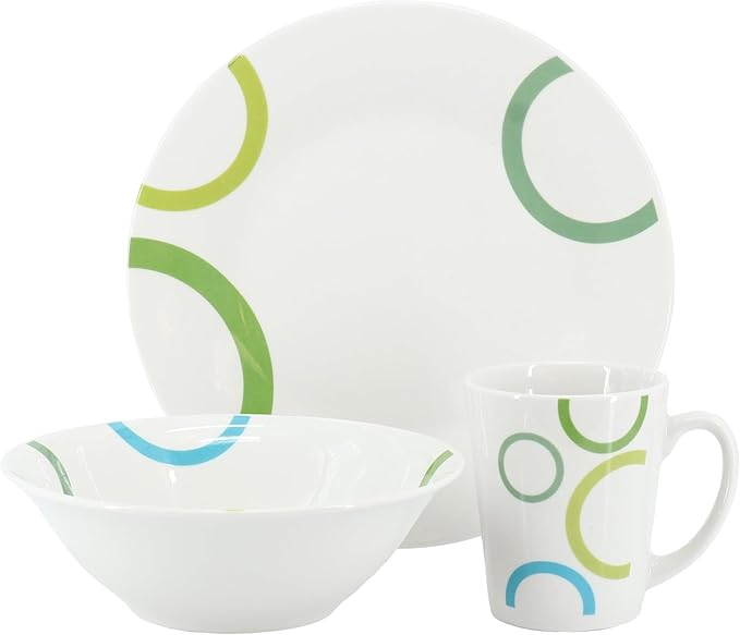 12-Piece Ceramic Dinnerware Set for 4 – White Round Plates Bowls &amp Mugs with Green Loops – Microwave &amp Dishwasher Safe Tableware Set (White &amp Green)