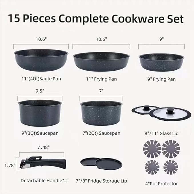 Black 15Pcs Pots and Pans Set Nonstick Kitchen Cookware Set with Removable Handle Stackable Healthy Non Stick Cookware Set Oven Safe &amp PFOA Free