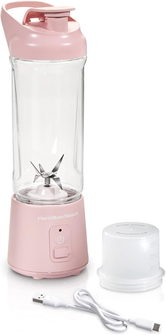Hamilton Beach Mini Cordless Portable Personal Blender for Shakes and Smoothies USB Rechargeable 16 oz. Jar with Leakproof Travel Lid 6 Stainless Steel Blades Pink (51181)