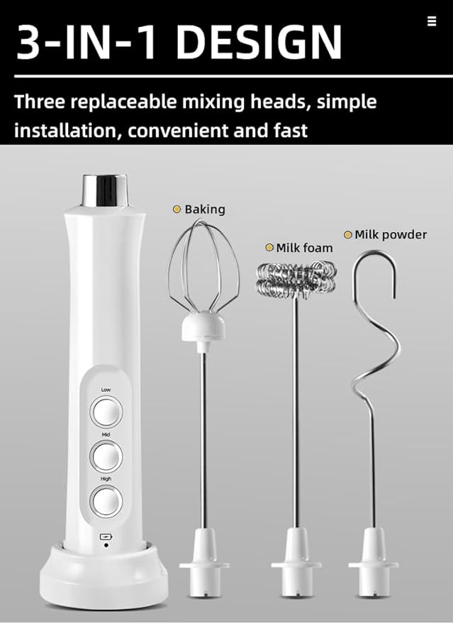 Immersion Blender Handheld 3-in-1 Hand Blender Electric with USB Rechargeable 3 Speeds Stainless Steel Blade Stick Blender with Whisk for Coffee LatteHot Chocolate Egg (Red)